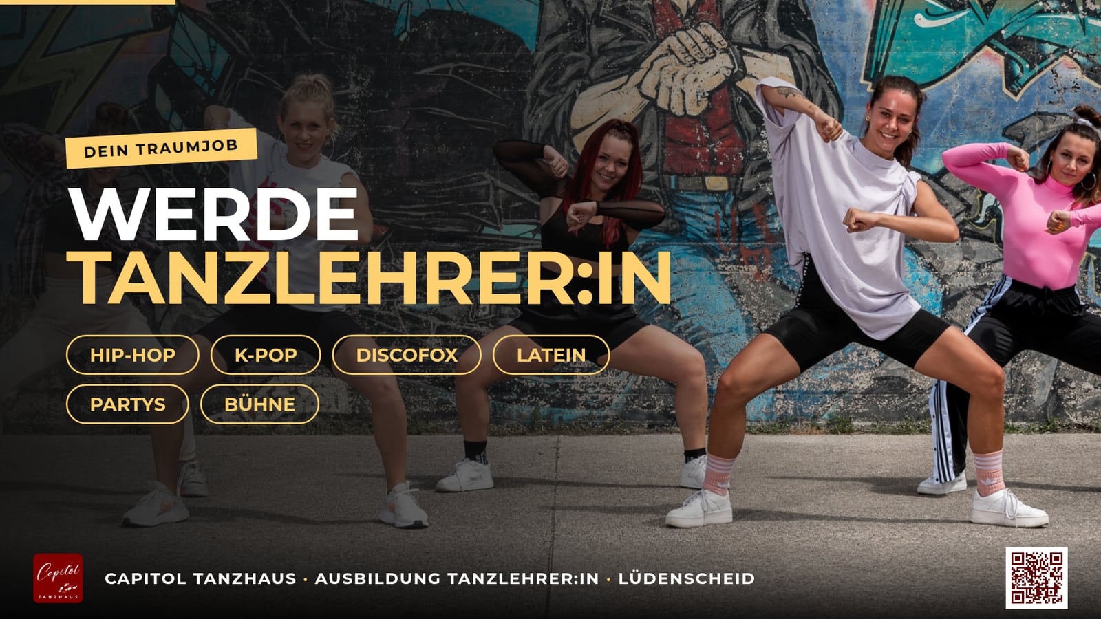 Folie „Werde Tanzlehrer:in“ mit Hip-Hop, K-Pop, Discofox, Latein, Partys und Bühne